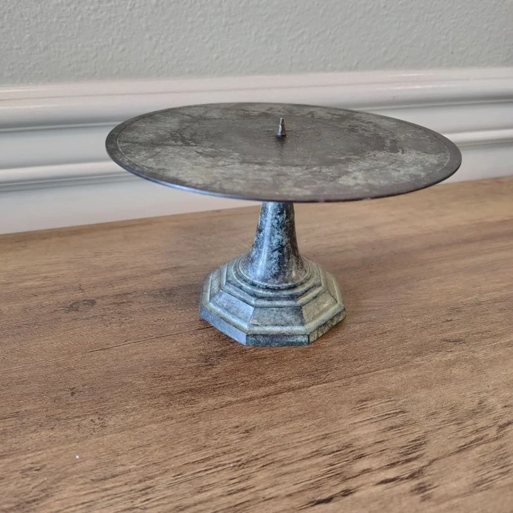 Vtg Candle Holder Verdigris Green Black Metal Pedestal Taper Candle Stand Goth